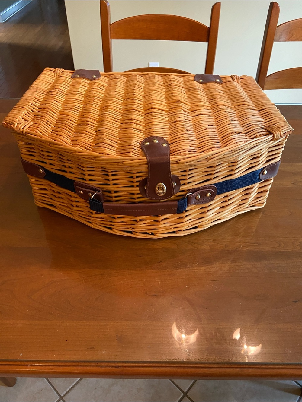 Woven Picnic Basket with Navy Strap and Brown Leather Accents, Lined. New!